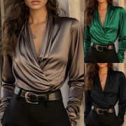 Fashion Ruched V-neck Long Sleeve Satin Shirt