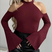 Elegant Halter Neck Cold Shoulder Top - Long Bell Sleeve Cut Out Slim Fit Shirt