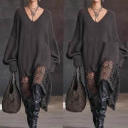 Fashion V-neck Batwing Long Sleeve Lace Spliced Hemline Knitted Sweater Dress