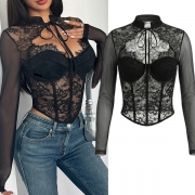 Women's Floral Lace Corset Top with Sheer Mesh Sleeves and Keyhole Tie