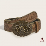 Women's Western Floral Embossed Faux Leather Belt - Y2K Boho Large Metal Buckle Waistband for Jeans/Skirt/Dress