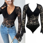 Fashion Lace Corset Bodysuit - Scalloped V-Neck & Flare Sleeves