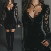 Vintage-Inspired Velvet V-neck Mini Dress - Sheer Lace Sleeves & Flared Cuffs