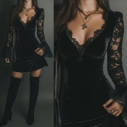 Vintage-Inspired Velvet V-neck Mini Dress - Sheer Lace Sleeves & Flared Cuffs