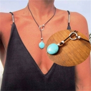 Boho Turquoise Pendant Lariat Necklace - Minimalist Black Leather Cord Y-Necklace with Silver Ring