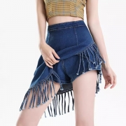 Boho Fringe Denim Skort - High Waisted Asymmetrical Tassel Jean Skirt with Built-in Shorts