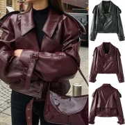 Street Fashion Notch Lapel Long Sleeve Buckle Crop Artificial Leather PU Jacket