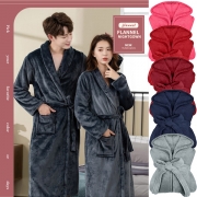 Fashion Solid Color Long Sleeve Couple Plush Robe with Waist Strap