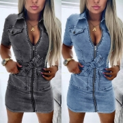 Fashion Short Sleeve POLO Collar Front-zipper Slim Fit Denim Dress