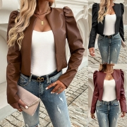 Fashion Solid Color Puff Long Sleeve  Artificial Leather PU Crop Jacket