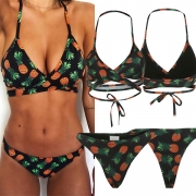 Sexy Pineapple Printed Lace-up Halter Bikini Set
