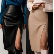 Fashion Solid Color High Waist Slit Artificial Leather PU Skirt