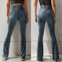 Casual Solid Color High-rise Flared Ribbed Pants