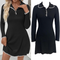 Fashion Contrast Color Stand Collar Long Sleeve Knitted Sweater Dress