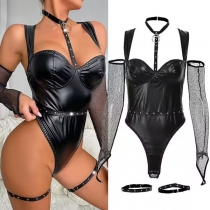 Sexy Mesh-net Artificial Leather Halterneck Rivet Lingerie Bodysuit