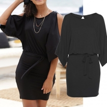 Sexy Off-shoulder 3/4 Sleeve Round Neck Solid Color Dress with Belt