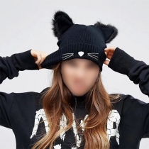 Casual Knitted Pullover Hat with Cute Cat Embroidery and Furry Cat Ears