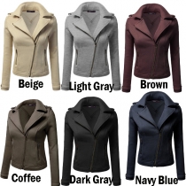 Fashion Solid Color Lapel Long Sleeve Oblique Zipper Coat For Women
