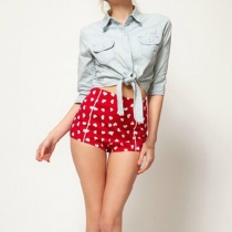 Red Love Hearts Print Low Waisted Short Pants Trousers