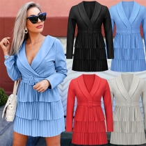 OL Style Long Sleeve Notched Lapel Pleated Hem Dress