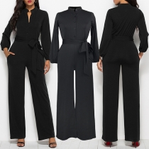 Casual Solid Color Long Sleeve Mock Neck Wide-leg Jumpsuit