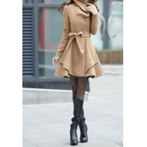 Elegant Charming Classical Lapel Solid Color Bowknot Worsted Coat