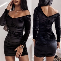 Elegant Solid Color Long Sleeve V-neck Slim Fit Dress