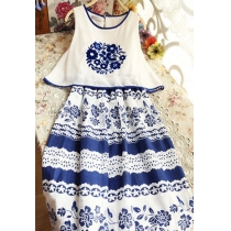 Tribal Blue Floral Print Crochet Lace Sleeveless Maxi Dress  