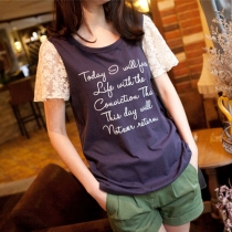 Letter Print Floral Lace Short Sleeve Loose T Shirt  