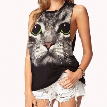 Cat with Green Eyes Print Crew Neck Tank Top T Shirt 
