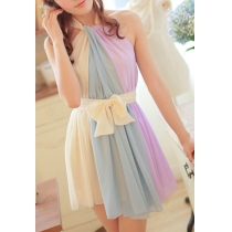 Color Block Belted Bow Sleeveless Pleated Halter Dress  