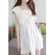 Sweet White Square Collar Crochet Pleated Tank Dress 