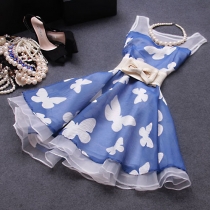 Ladylike Blue Butterfly High Waist Bodycon Tank Dress 