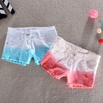 Contrast Color Frayed Denim Shorts Ripped Hot Pants 