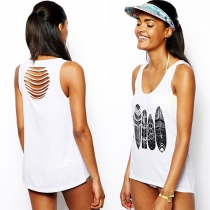 Abstract Print White Cutout Tank Top Muscle T Shirt 