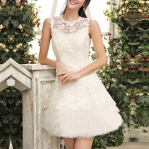 Bridesmaid Wedding Party Sleeveless Floral Lace Flared Dress 