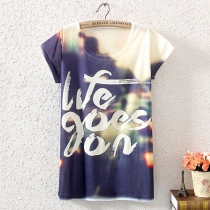 Mixed Color Letters Print Short Sleeve T Shirt Crew Neck Top 