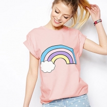 Cloud Rainbow Print Pink Loose Short Sleeve T Shirt