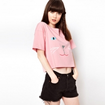 Loose Fitting Cute Cartoon Cat Pirnt Cropped Top T-shirt
