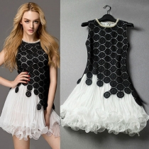 Black and White Embroidery Flowers Beaded Pleated Tank Dress 