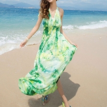 Bohemia Style Tie-dye Contrast Colors V Neck Halter Beach Maxi Dress 