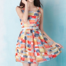 Multicolor Checked Print Square Collar Slinky Tank Dress 