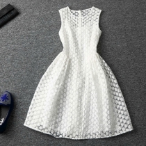 White Floral Embroidery High Waist Flare Tank Dress 