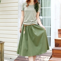 Short Sleeve Stripe Shirt and Elastic Skirt Army Green Dress 