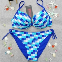 Blue Checks Print Push Up Bra and Panties Bikini Set Swimsuit