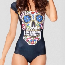 Skull Head Floral Print Low Cut Back One Piece Swimsuit 
