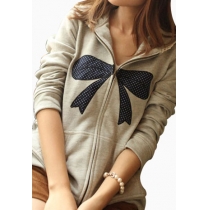 Leisure Dot Bowknot Print Lace Spliced Hooded Outerwear