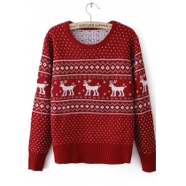 Leisure Christmas Deer Wavy Floral Pattern Knit Red Sweater
