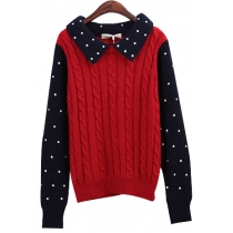 Leisure Sweet Dot Print Mixing Color Knit Sweater
