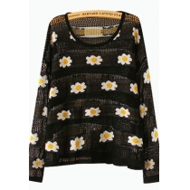 Leisure Sweet Floral Pattern Open Knit Sweater